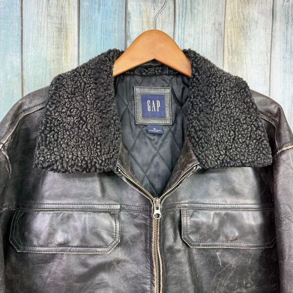 Gap Leather Bomber Jacket Cowhide OLD XL Black Sherpa Collar Trucker Vintage - Picture 3 of 11